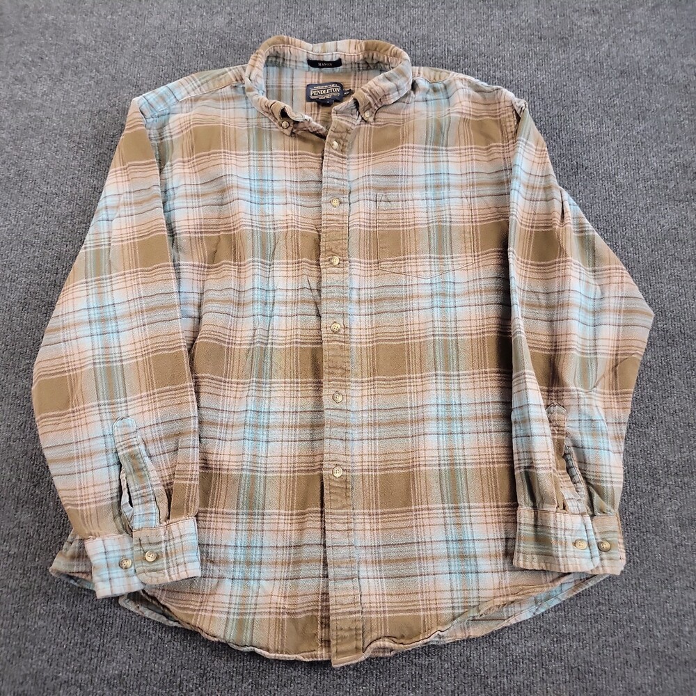 Pendleton Mason Flannel Shirt Men XXL Blue Brown Plaid Button Down 100% Cotton